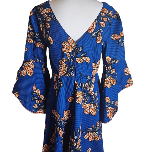 Blue African Ankara Print Dress Sz Large ? Bell Sleeve Hi Low Hem Wedding Party - Picture 2 of 16